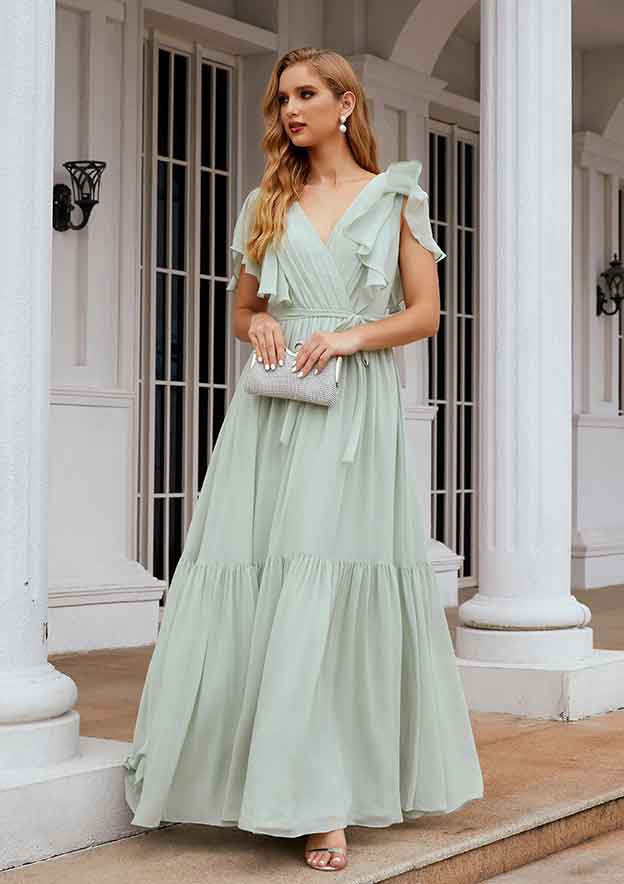 A-Line Floor-Length Short Sleeve Chiffon Bridesmaid Dress, V-Neck With Pleats BM bride