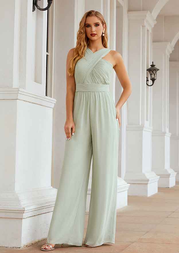 Wedding Party Dress Jumpsuit/Pantsuit Halter Sleeveless Chiffon Long/Floor-Length with Pleated BM bride