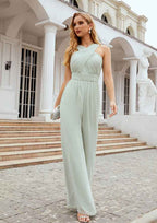 Wedding Party Dress Jumpsuit/Pantsuit Halter Sleeveless Chiffon Long/Floor-Length with Pleated BM bride
