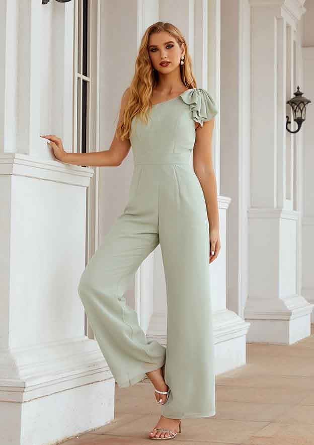Wedding Party Dress Jumpsuit/Pantsuit One-Shoulder Sleeveless Chiffon Long/Floor-Length BM bride
