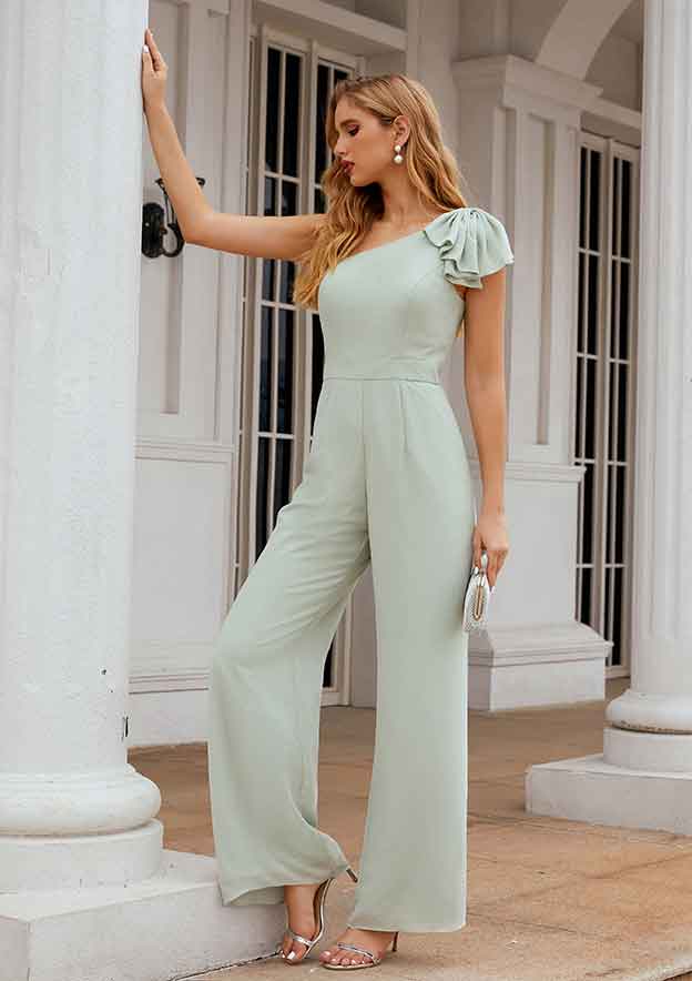 Wedding Party Dress Jumpsuit/Pantsuit One-Shoulder Sleeveless Chiffon Long/Floor-Length BM bride