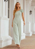 Long/Floor-Length Chiffon Wedding Party Dress, Jumpsuit/Pantsuit Style, One-Shoulder, Sleeveless BM bride
