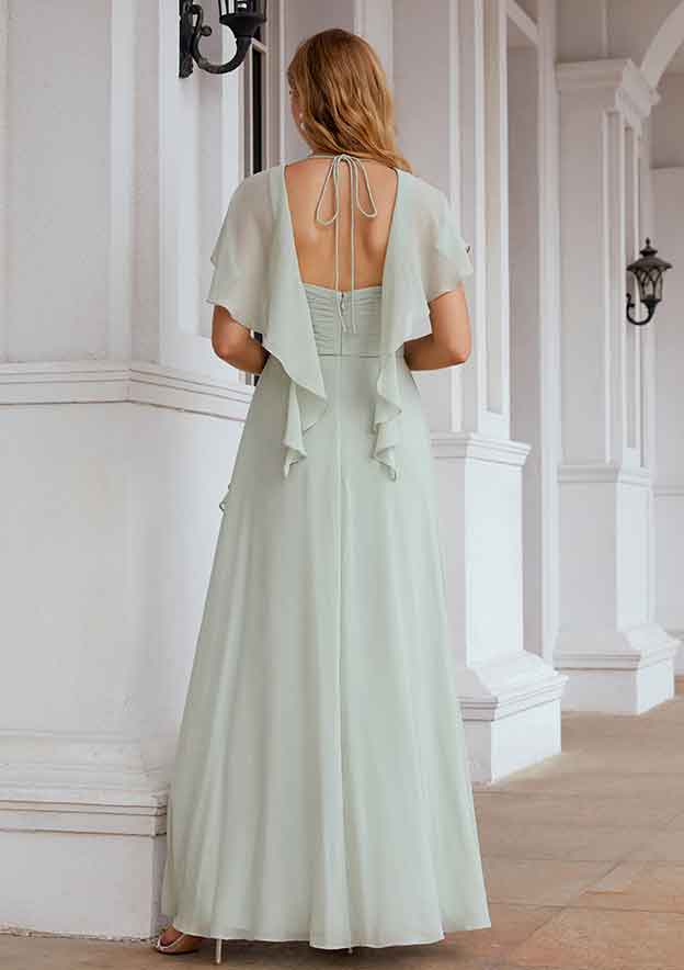 Long/Floor-Length Chiffon Bridesmaid Dress, A-Line Cut, V-Neck, Short Sleeve, With Pleated Ruffles BM bride