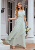 Long/Floor-Length Chiffon Bridesmaid Dress, A-Line Cut, V-Neck, Short Sleeve, With Pleated Ruffles BM bride