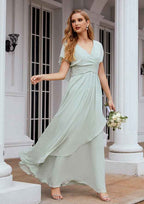 Long/Floor-Length Chiffon Bridesmaid Dress, A-Line Cut, V-Neck, Short Sleeve, With Pleated Ruffles BM bride