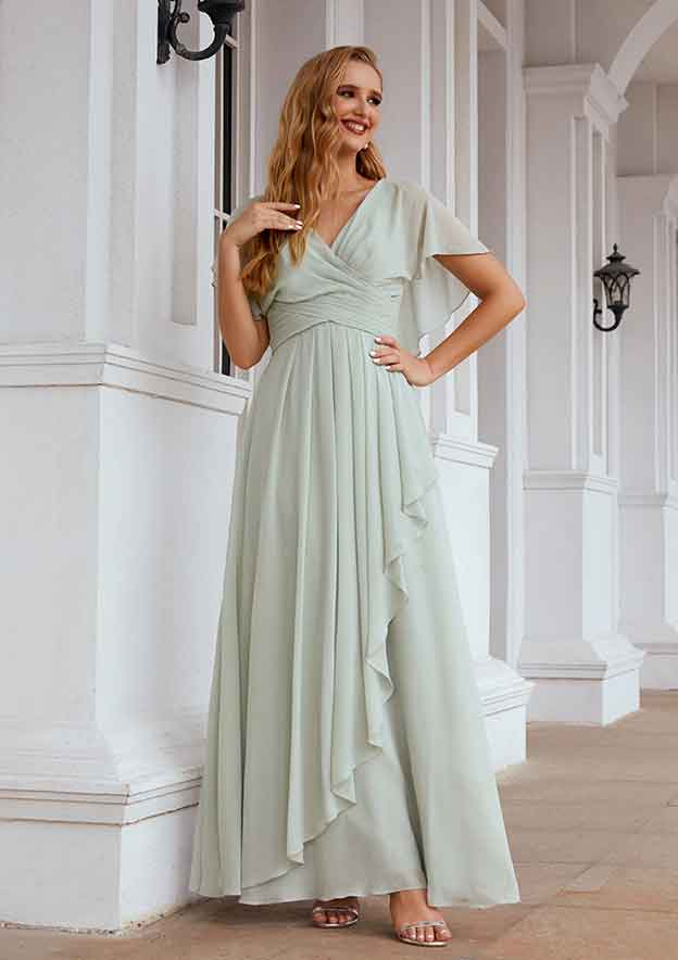 Long/Floor-Length Chiffon Bridesmaid Dress, A-Line Cut, V-Neck, Short Sleeve, With Pleated Ruffles BM bride