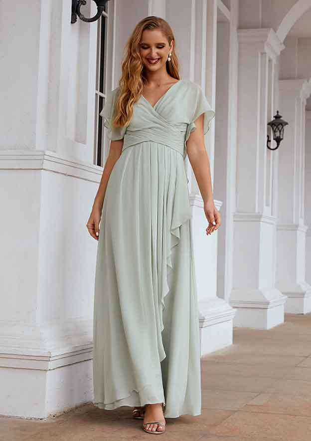 Long/Floor-Length Chiffon Bridesmaid Dress, A-Line Cut, V-Neck, Short Sleeve, With Pleated Ruffles BM bride
