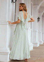 Long/Floor-Length Chiffon Bridesmaid Dress, A-Line Cut, V-Neck, Short Sleeve, With Pleated Ruffles BM bride