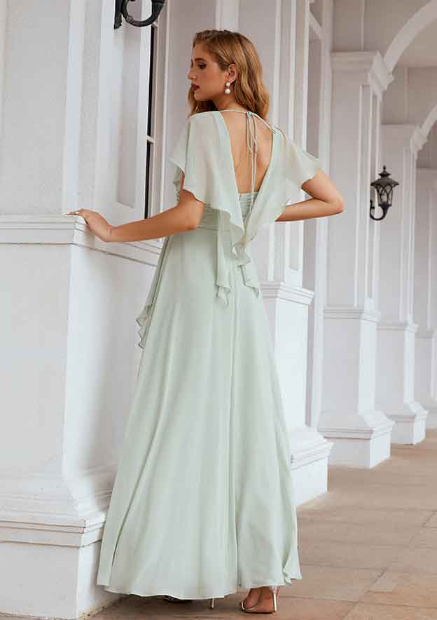 Long/Floor-Length Chiffon Bridesmaid Dress, A-Line Cut, V-Neck, Short Sleeve, With Pleated Ruffles BM bride