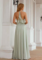 Long/Floor-Length Chiffon Bridesmaid Dress, A-Line Cut, Halter Neck, Sleeveless, With Pleated Ruffles BM bride
