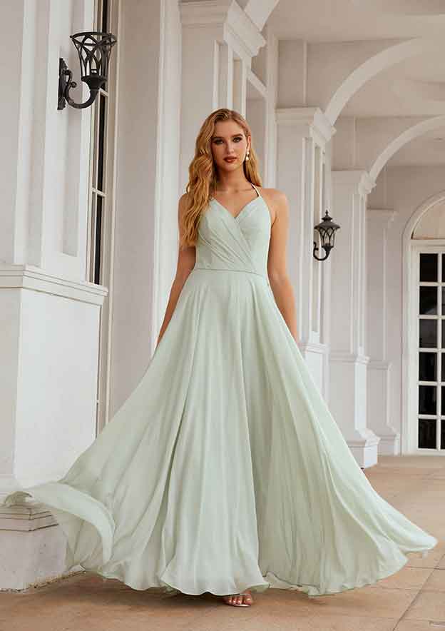 Long/Floor-Length Chiffon Bridesmaid Dress, A-Line Cut, Halter Neck, Sleeveless, With Pleated Ruffles BM bride