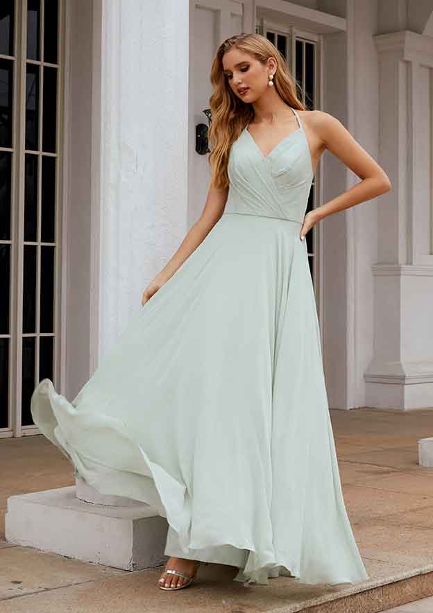 Long/Floor-Length Chiffon Bridesmaid Dress, A-Line Cut, Halter Neck, Sleeveless, With Pleated Ruffles BM bride