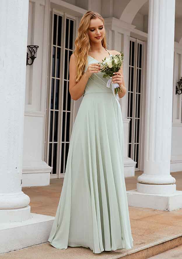 Long/Floor-Length Chiffon Bridesmaid Dress, A-Line Cut, Halter Neck, Sleeveless, With Pleated Ruffles BM bride
