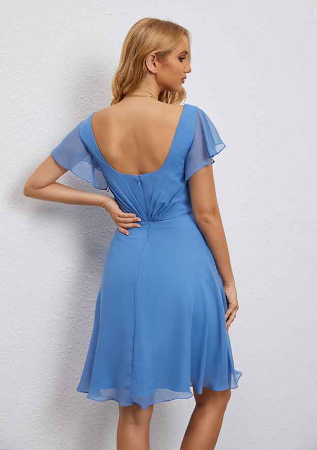 Knee-Length Chiffon Wedding Party Dress, A-Line Cut, V-Neck, Short Flutter Sleeves, With Pleated BM bride