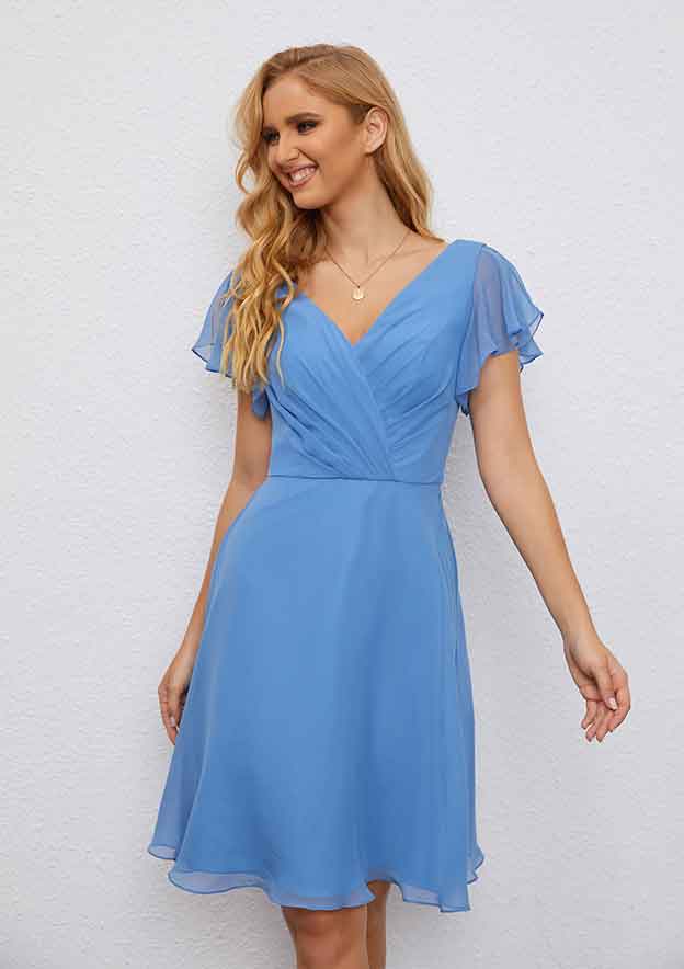 Knee-Length Chiffon Wedding Party Dress, A-Line Cut, V-Neck, Short Flutter Sleeves, With Pleated BM bride