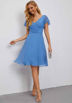 Knee-Length Chiffon Wedding Party Dress, A-Line Cut, V-Neck, Short Flutter Sleeves, With Pleated BM bride