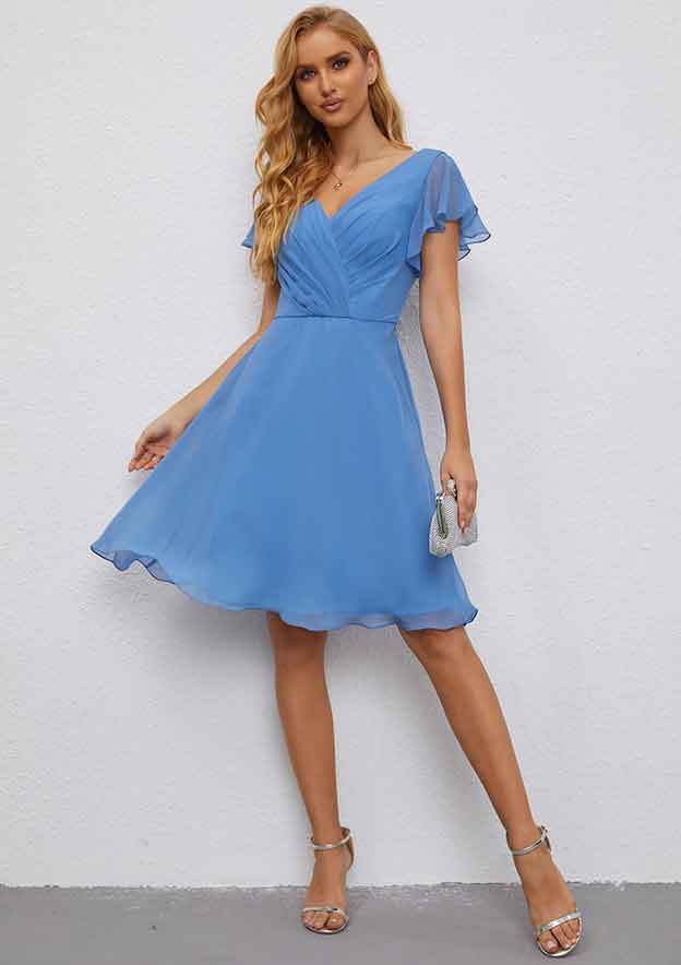 Knee-Length Chiffon Wedding Party Dress, A-Line Cut, V-Neck, Short Flutter Sleeves, With Pleated BM bride