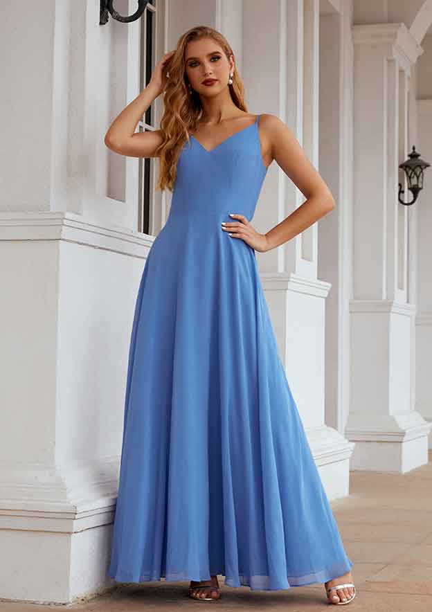 Long/Floor-Length Chiffon Bridesmaid Dress, A-Line Empire Cut, V-Neck, With Pleated BM bride