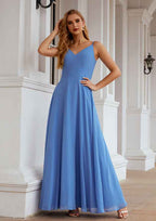 Long/Floor-Length Chiffon Bridesmaid Dress, A-Line Empire Cut, V-Neck, With Pleated BM bride