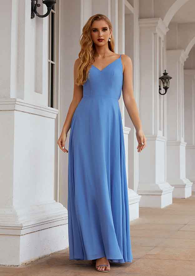 Long/Floor-Length Chiffon Bridesmaid Dress, A-Line Empire Cut, V-Neck, With Pleated BM bride