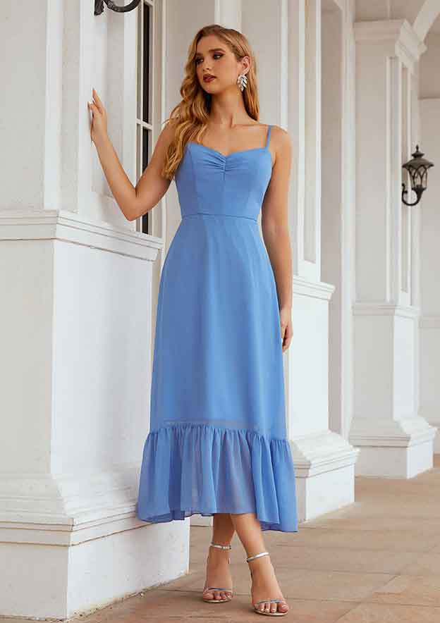 Tea-Length Chiffon Bridesmaid Dress, A-Line Cut, Sweetheart Neckline, Sleeveless, With Pleated BM bride