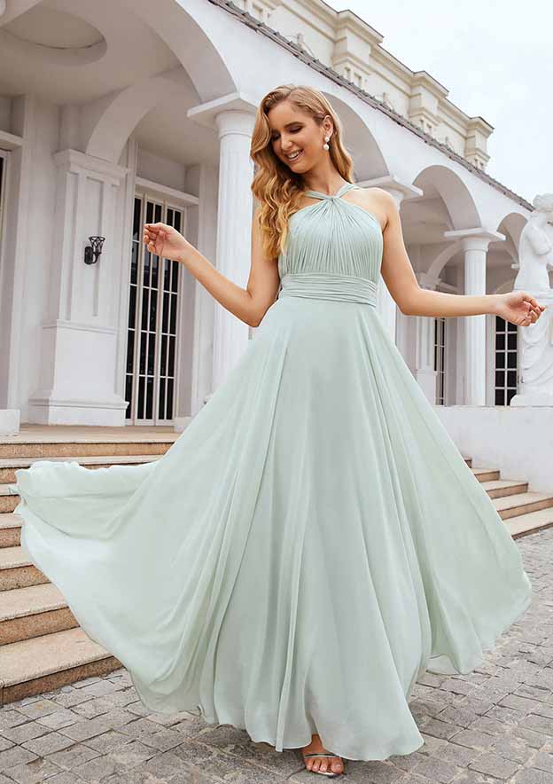 Floor-Length Chiffon Bridesmaid Dress, A-Line Shape, Scalloped Neck, Sleeveless, With Pleats BM bride