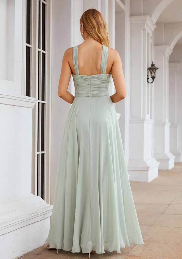 Floor-Length Chiffon Bridesmaid Dress, A-Line Shape, Scalloped Neck, Sleeveless, With Pleats BM bride