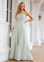 Floor-Length Chiffon Bridesmaid Dress, A-Line Shape, Scalloped Neck, Sleeveless, With Pleats BM bride