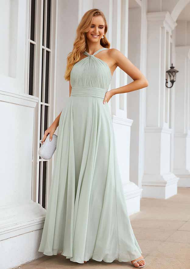 Floor-Length Chiffon Bridesmaid Dress, A-Line Shape, Scalloped Neck, Sleeveless, With Pleats BM bride