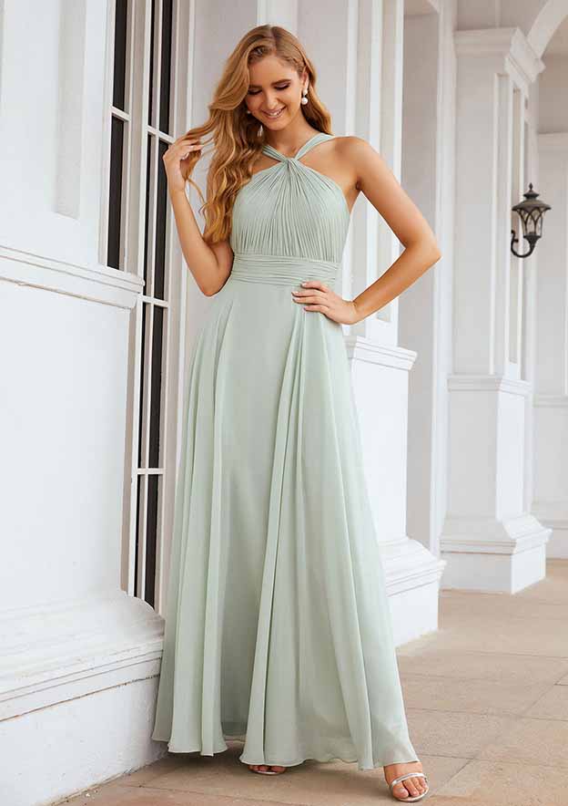 Floor-Length Chiffon Bridesmaid Dress, A-Line Shape, Scalloped Neck, Sleeveless, With Pleats BM bride