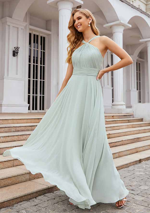 Floor-Length Chiffon Bridesmaid Dress, A-Line Shape, Scalloped Neck, Sleeveless, With Pleats BM bride