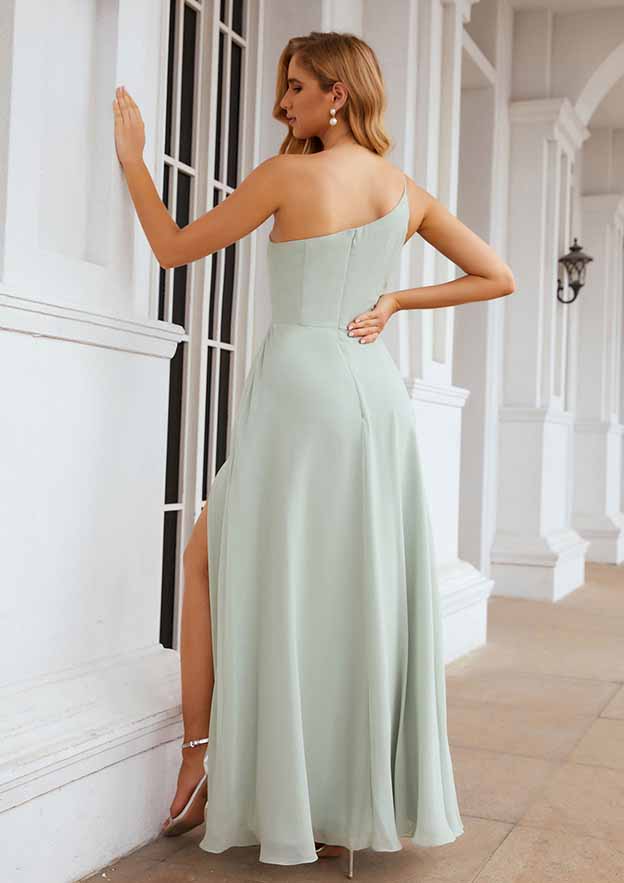 A-Line One-Shoulder Floor-Length Sleeveless Chiffon Bridesmaid Dress With Split BM bride