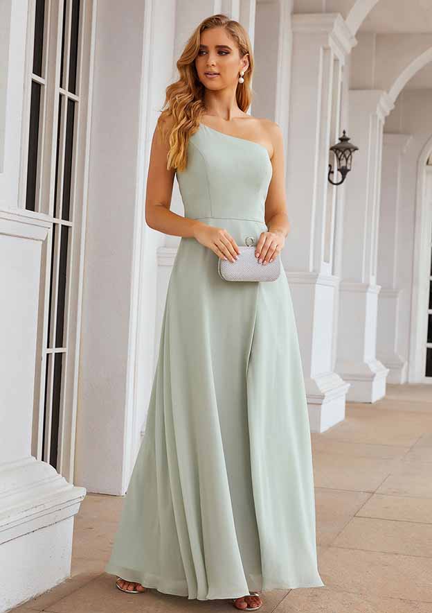 A-Line One-Shoulder Floor-Length Sleeveless Chiffon Bridesmaid Dress With Split BM bride