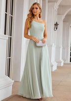 A-Line One-Shoulder Floor-Length Sleeveless Chiffon Bridesmaid Dress With Split BM bride