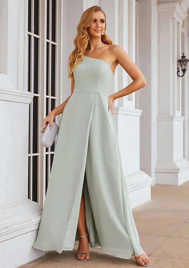 A-Line One-Shoulder Floor-Length Sleeveless Chiffon Bridesmaid Dress With Split BM bride