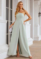 A-Line One-Shoulder Floor-Length Sleeveless Chiffon Bridesmaid Dress With Split BM bride