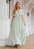 A-Line Floor-Length Short Sleeve Chiffon Bridesmaid Dress, V-Neck With Pleats BM bride
