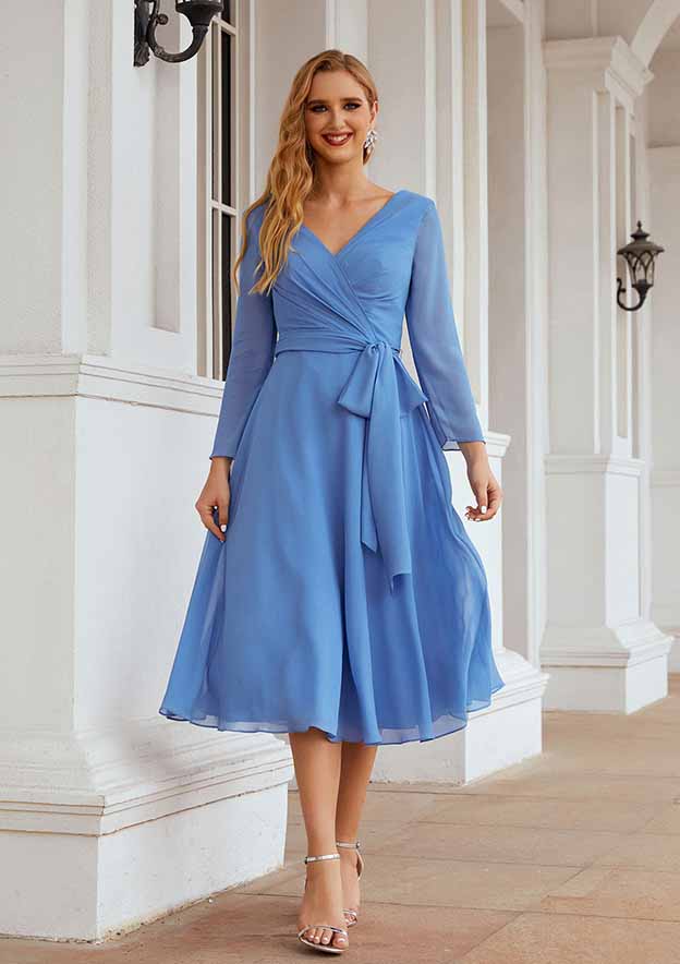 Tea-Length Chiffon Mother of the Bride Dress with Pleated Waistband, Full/Long Sleeve V Neck A-line BM bride