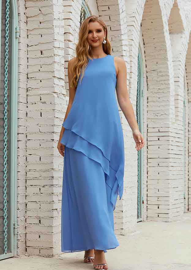 A-line Empire Scoop Neck Sleeveless Chiffon Long/Floor-Length Mother of the Bride Dress with Ruffles BM bride