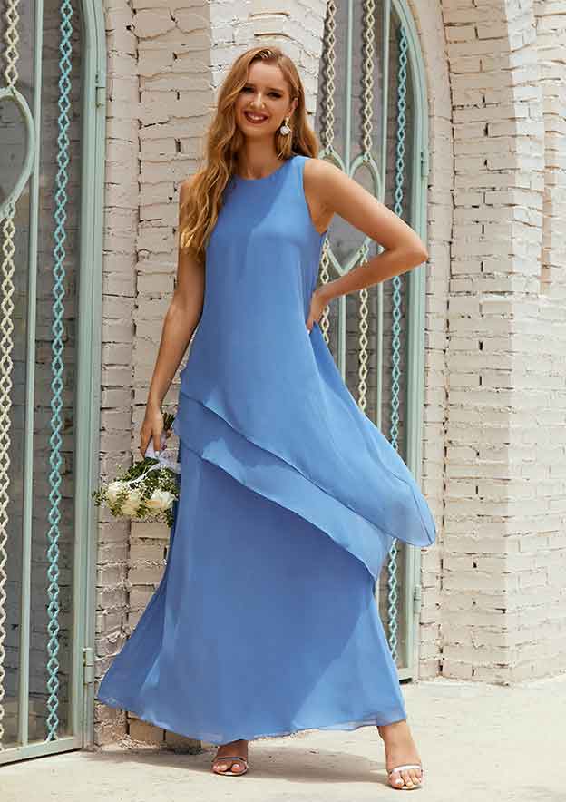 A-line Empire Scoop Neck Sleeveless Chiffon Long/Floor-Length Mother of the Bride Dress with Ruffles BM bride