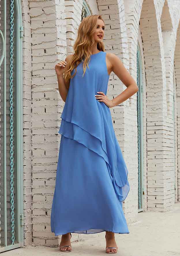 A-line Empire Scoop Neck Sleeveless Chiffon Long/Floor-Length Mother of the Bride Dress with Ruffles BM bride