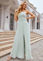 One-Shoulder Sheath/Column Chiffon Bridesmaid Dress, Floor-Length, Sleeveless, Waistband, Pleats, And Split BM bride
