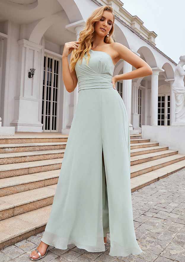 One-Shoulder Sheath/Column Chiffon Bridesmaid Dress, Floor-Length, Sleeveless, Waistband, Pleats, And Split BM bride