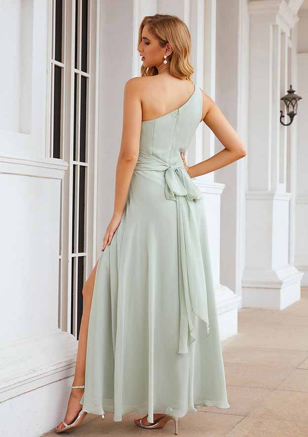 One-Shoulder Sheath/Column Chiffon Bridesmaid Dress, Floor-Length, Sleeveless, Waistband, Pleats, And Split BM bride