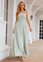 One-Shoulder Sheath/Column Chiffon Bridesmaid Dress, Floor-Length, Sleeveless, Waistband, Pleats, And Split BM bride