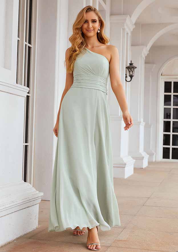 One-Shoulder Sheath/Column Chiffon Bridesmaid Dress, Floor-Length, Sleeveless, Waistband, Pleats, And Split BM bride