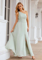 One-Shoulder Sheath/Column Chiffon Bridesmaid Dress, Floor-Length, Sleeveless, Waistband, Pleats, And Split BM bride