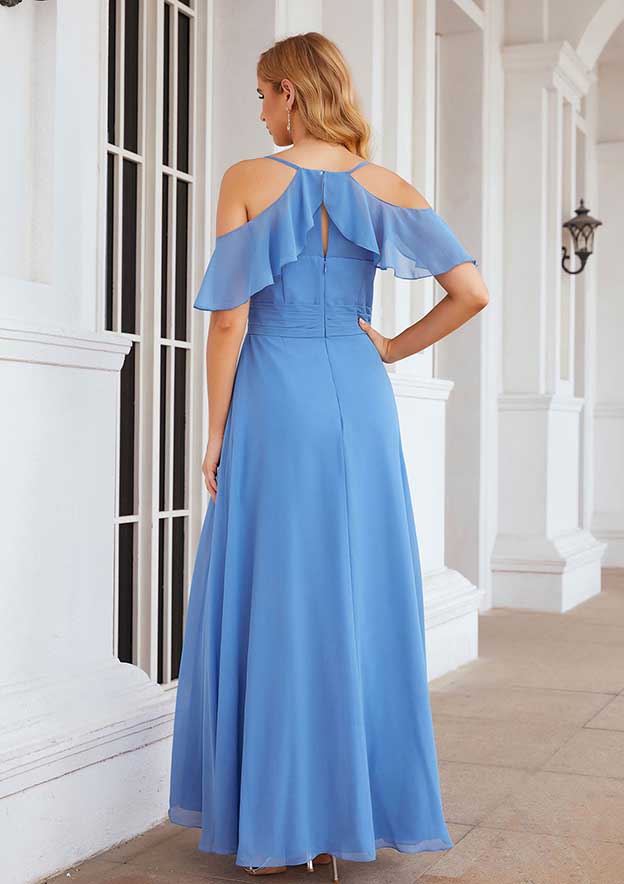 Floor-Length Chiffon Bridesmaid Dress, A-Line Style, V-Neck, Sleeveless, With Pleats And Split (Repeated For Clarity) BM bride