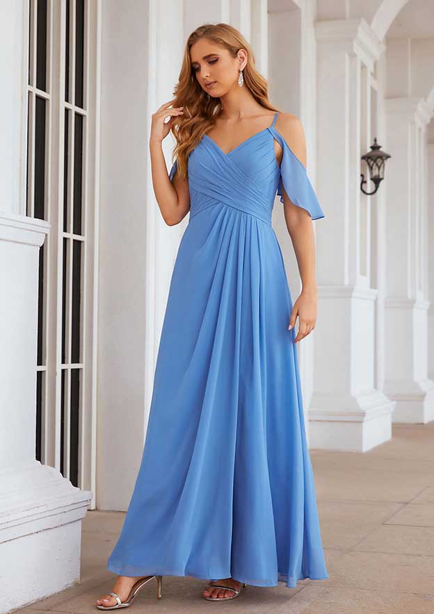 Floor-Length Chiffon Bridesmaid Dress, A-Line Style, V-Neck, Sleeveless, With Pleats And Split (Repeated For Clarity) BM bride