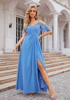 Floor-Length Chiffon Bridesmaid Dress, A-Line Style, V-Neck, Sleeveless, With Pleats And Split (Repeated For Clarity) BM bride